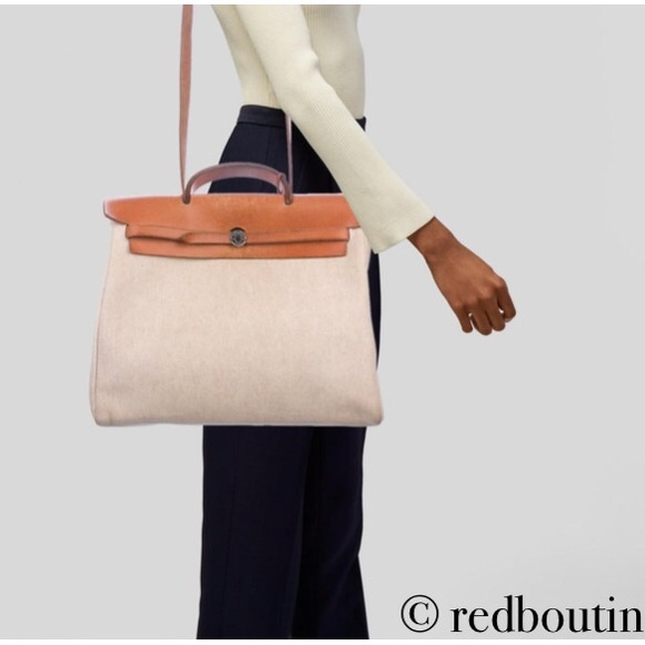 HERMES Natural Toile/Tan Leather Herbag MM 2-in-1 - Picture 8 of 8